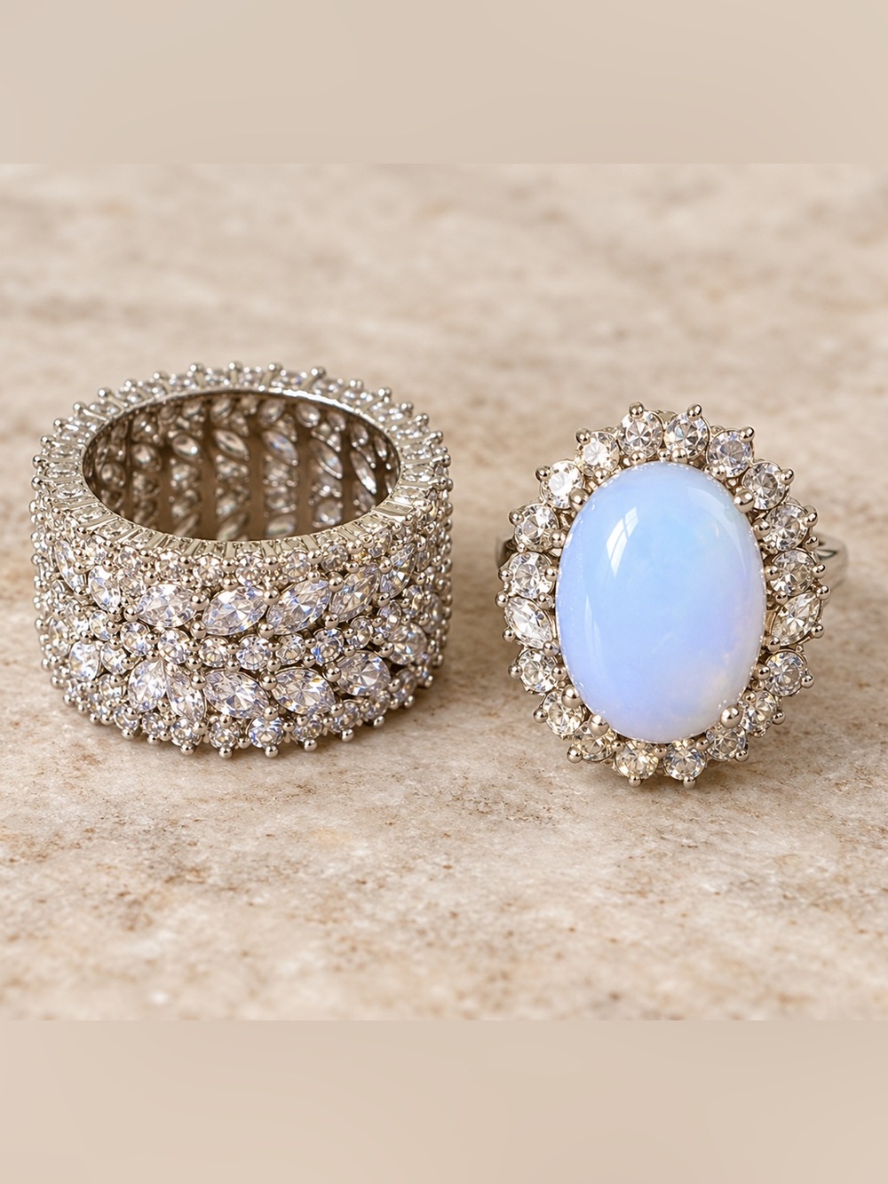Ring Set 2 Silver Tone Opal Like Stone & Clear Stone multi Silver Tone size 8
